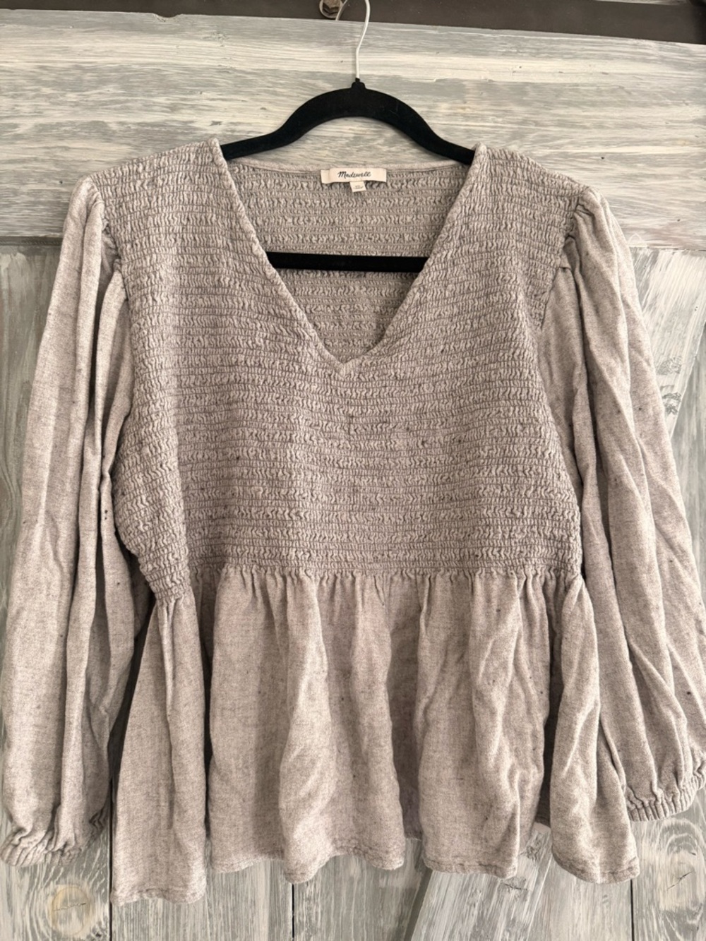 Madewell Light Taupe Smocked V‑Neck Peplum Blouse
